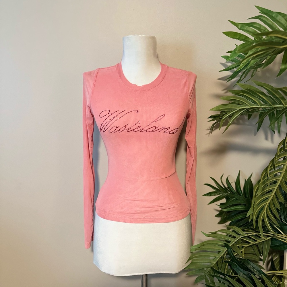 Pink long sleeve semi see through top with rhinestones y2k bedazzled top small